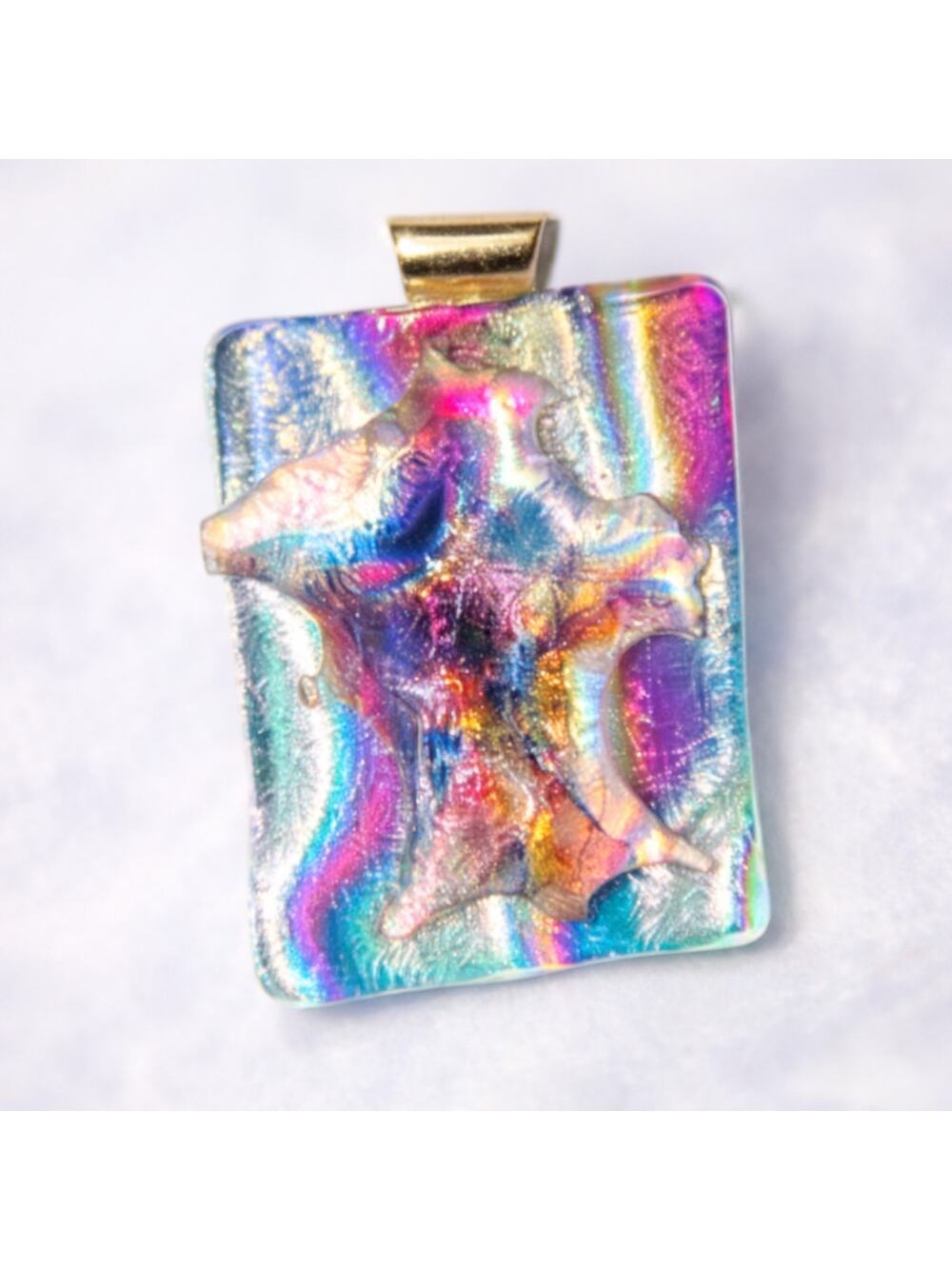 Iridescent Dichroic Glass Pendant Necklace, Rainbow Fused Art Jewelry 1.5 X 1.75